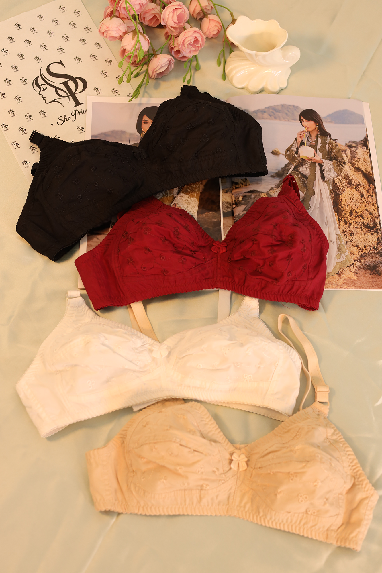Criss Cross Strap Double Pad Big Push-Up Bra Cotton Chicken Fabric - 0071