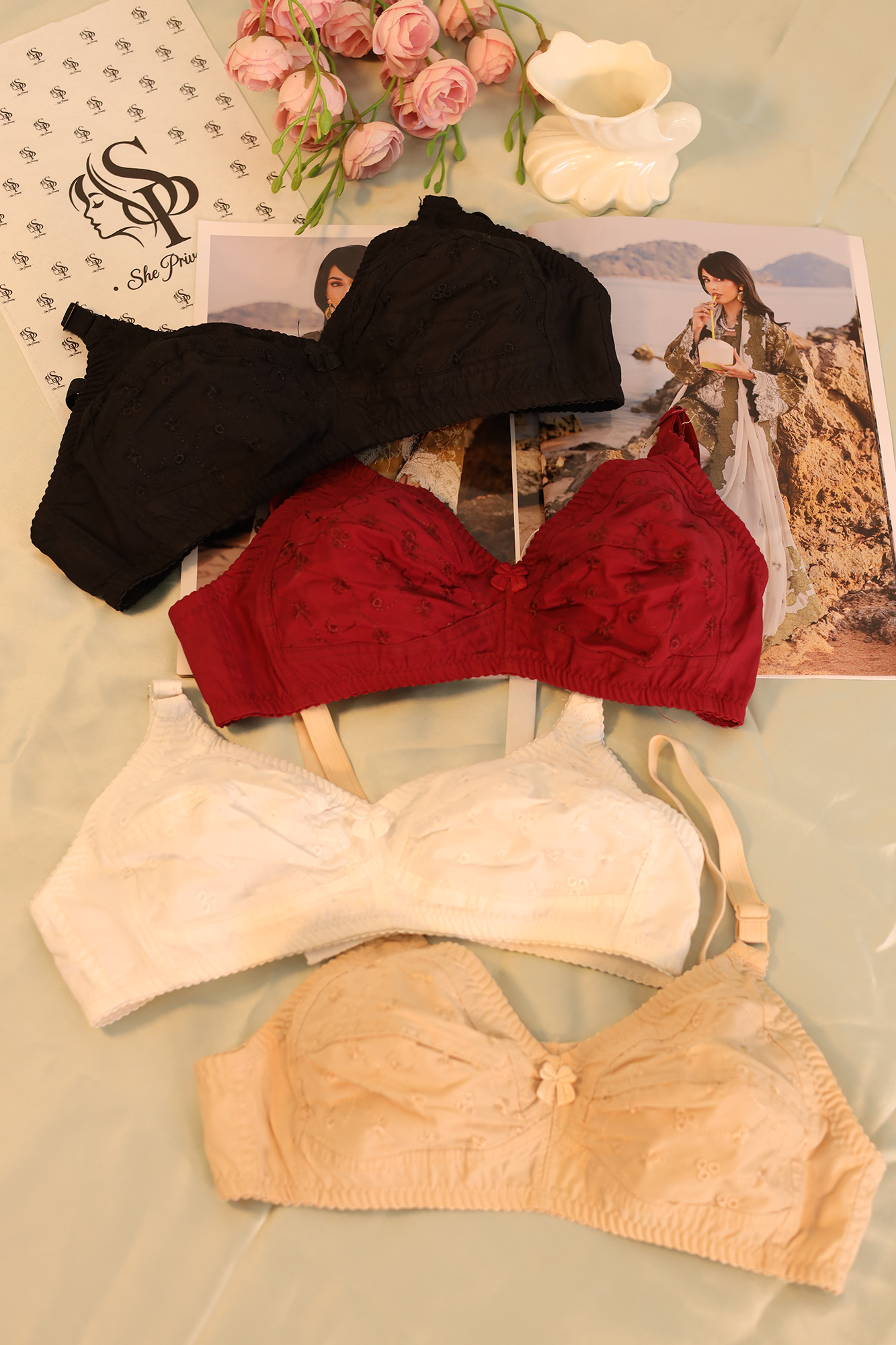 Criss Cross Strap Double Pad Big Push-Up Bra Cotton Chicken Fabric - 0071
