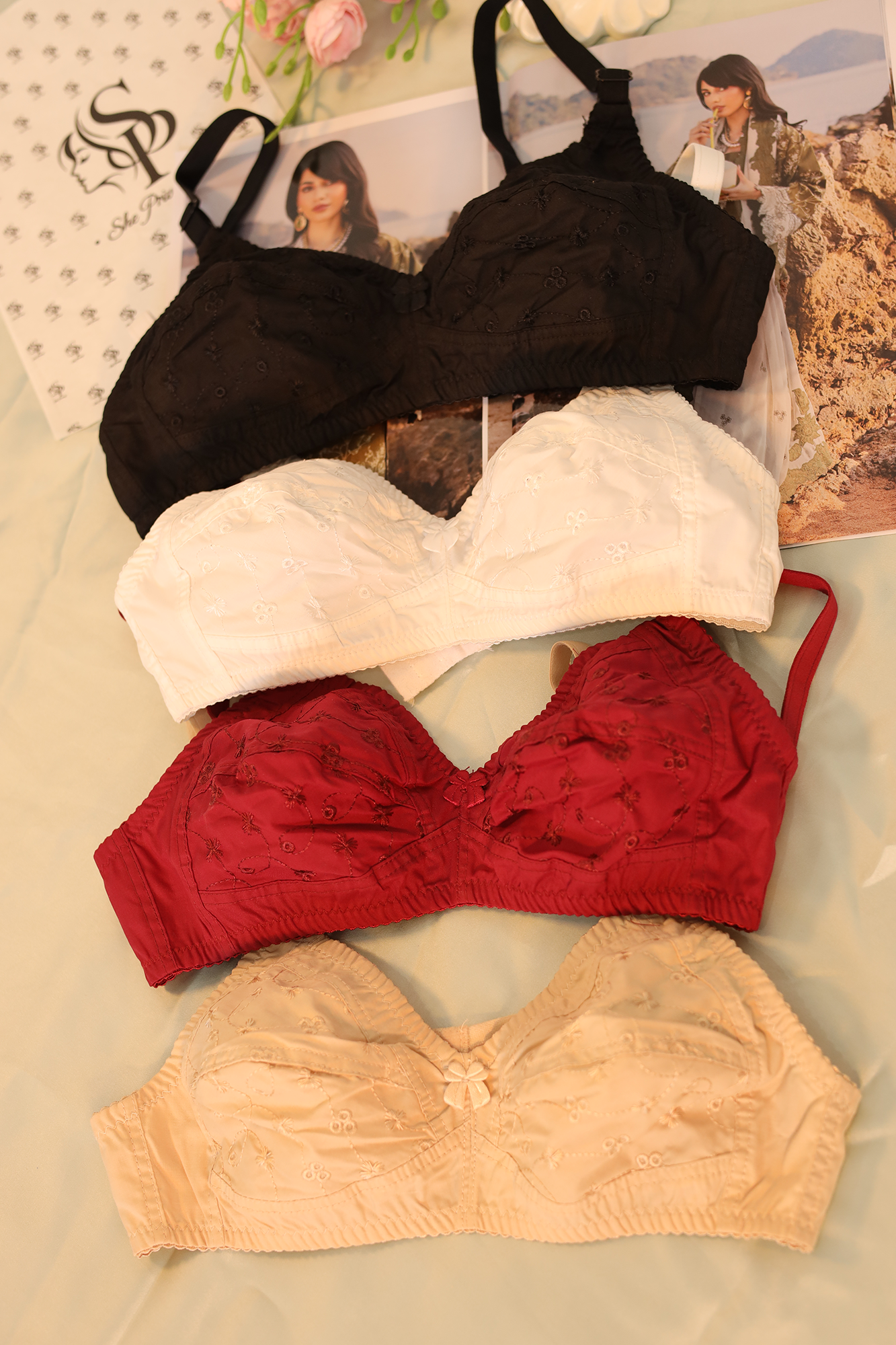 Criss Cross Strap Double Pad Big Push-Up Bra Cotton Chicken Fabric - 0071