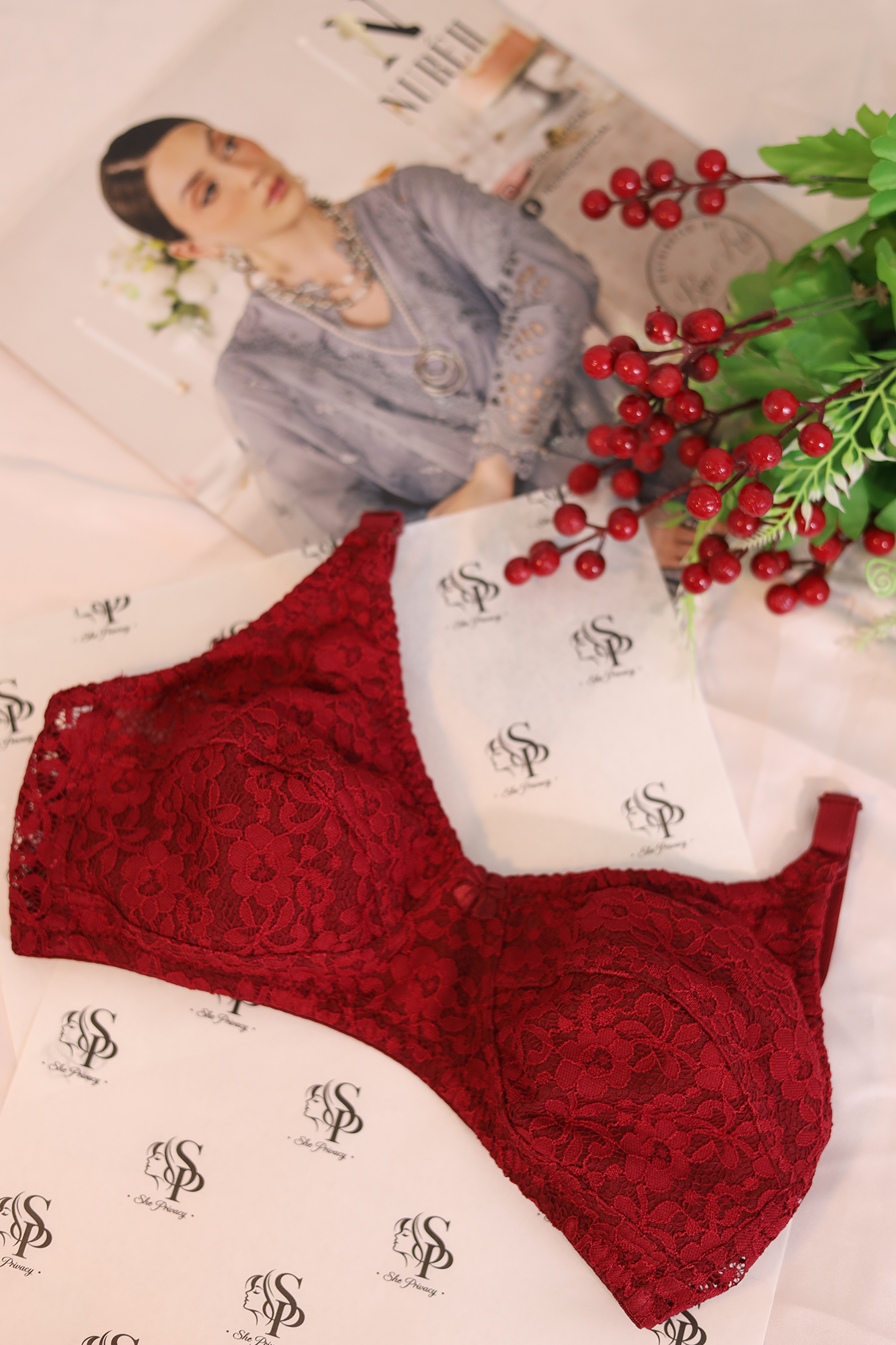 Floral Lacy Design Wired Half Cup Double Pad Push-Up Bra - 0072