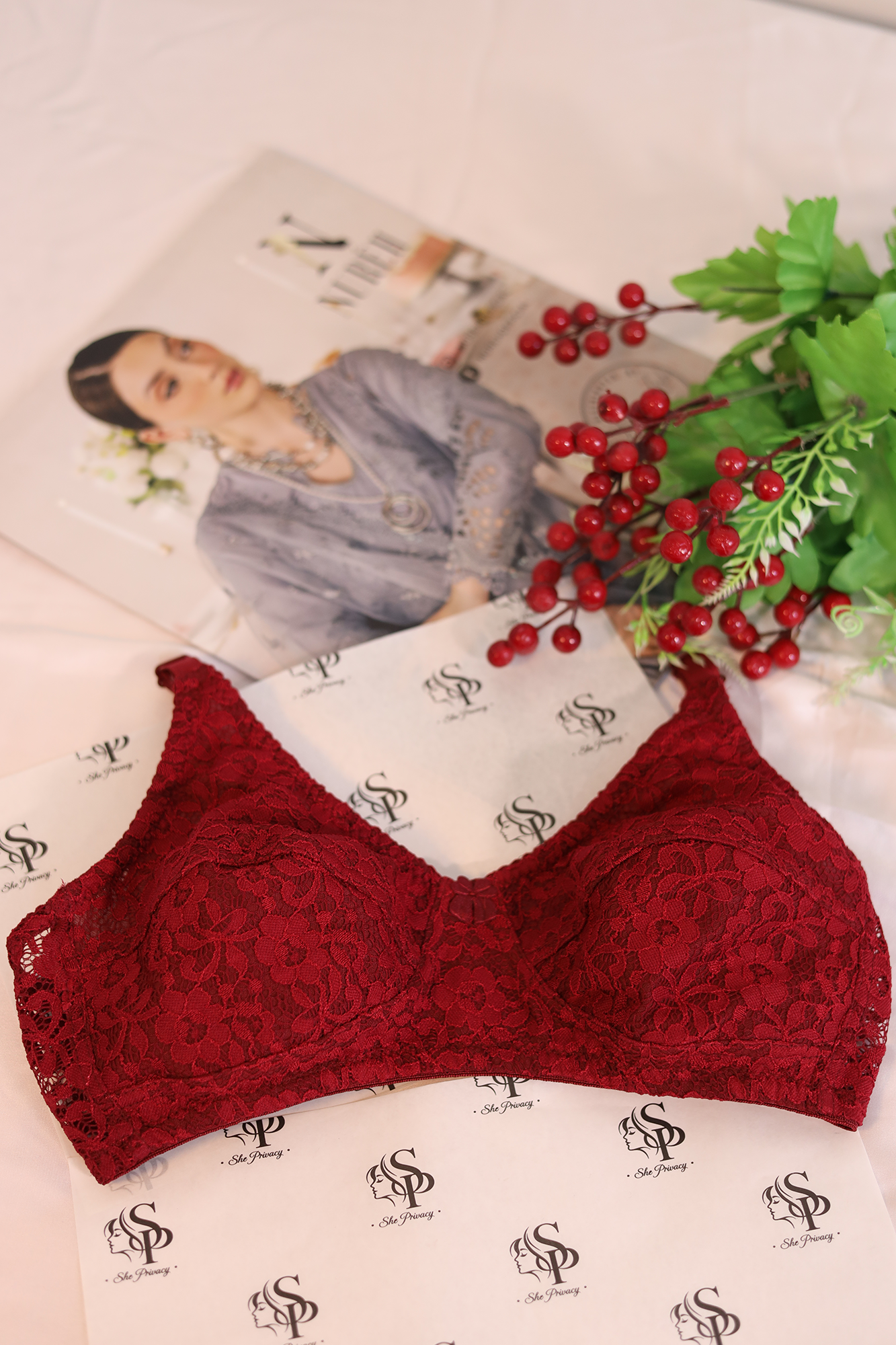 Floral Lacy Design Wired Half Cup Double Pad Push-Up Bra - 0072